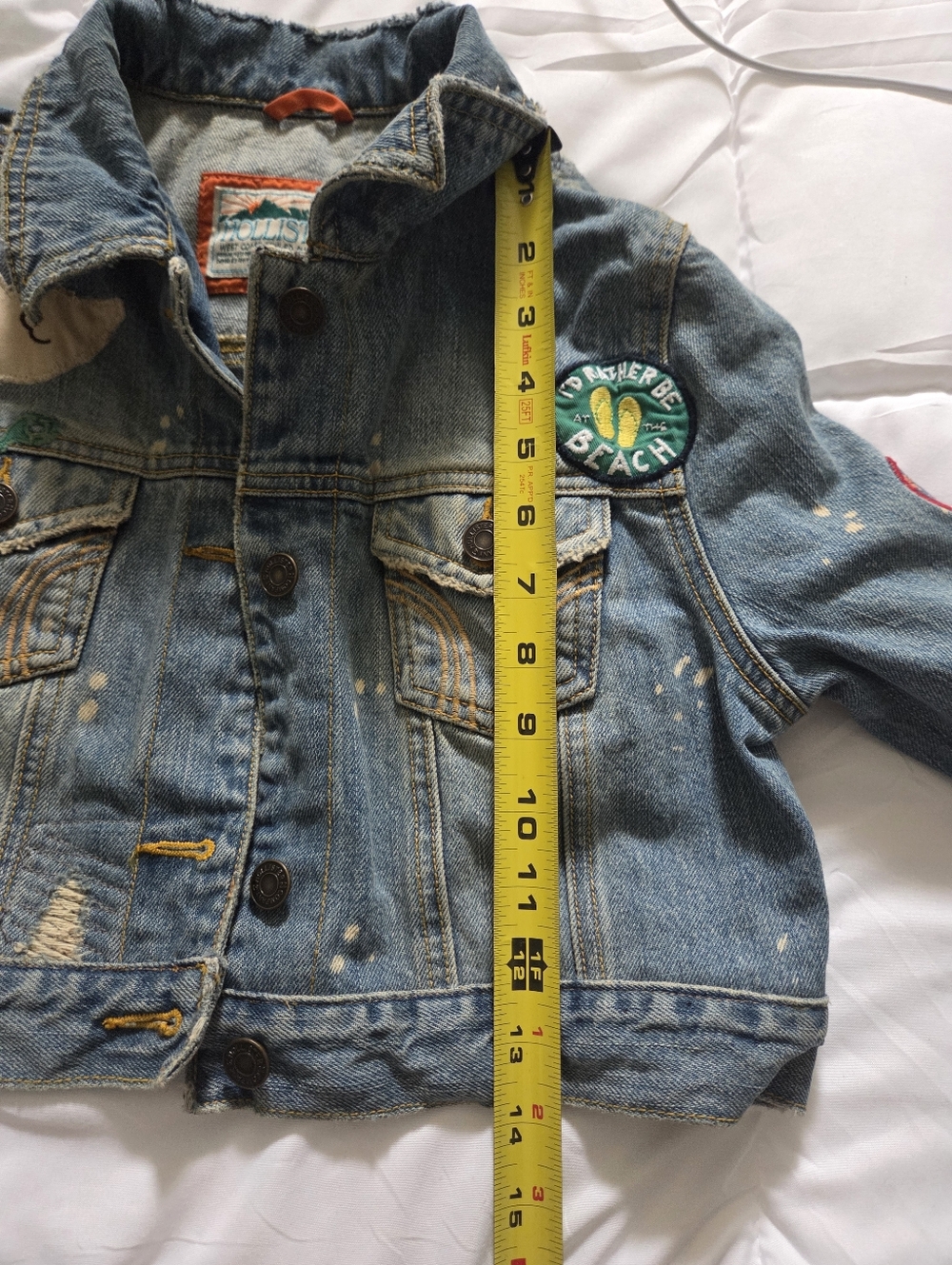 Vtf Y2K Cropped Distressed Denim Hollistet Jacket with Patches - Blue, Size M - Picture 8 of 9